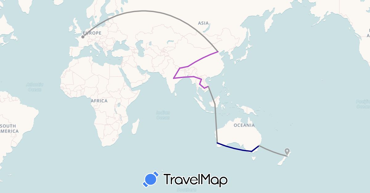 TravelMap itinerary: driving, plane, train in Australia, China, France, Indonesia, India, Cambodia, Laos, Myanmar (Burma), Nepal, New Zealand, Thailand, Vietnam (Asia, Europe, Oceania)